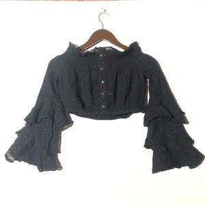Red Carter Black Sparkle Off The Shoulder Crop Top Tiered Bell Sleeve Size Small